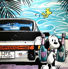 Painting, Snoopy, life is beautiful in a Porsche 911, Patrick Cornée